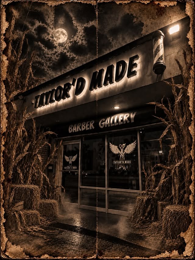 Taylor'd Made Barber Gallery storefront at night